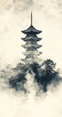 Misty Mountain Pagoda: A Serene East Asian Temple in Fog