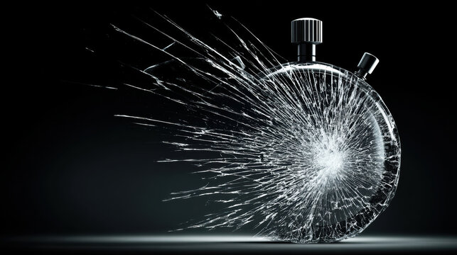 Shattered stopwatch glass burst time concept dark background dramatic light speed idea frozen motion minimal still life sharp shards kinetic energy. Shattered stopwatch with glass burst dark