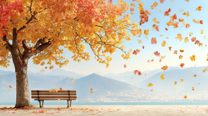 Autumn park bench under tree falling leaves golden foliage calm lake mountain view clear sky tranquil mood gentle breeze scenic landscape peaceful scene