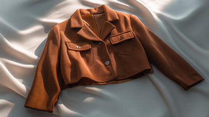 Cropped blazer brown jacket minimalist fashion soft light satin drape studio still life modern style autumn color textured fabric elegant design merges refined style with calm mood
