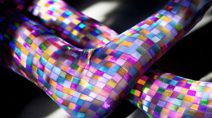 Colorful mesh tights geometric pattern vibrant hosiery rainbow squares abstract fashion closeup texture glossy light playful style modern aesthetic studio lighting blend emotion