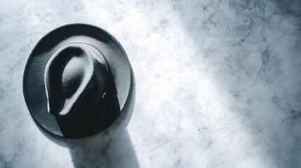 Black felt hat wide brim shadow sunlight minimalist marble surface fashion classic accessory elegant mood. Black felt hat with wide brim casts shadow sunlight marble surface, minimalist fashion