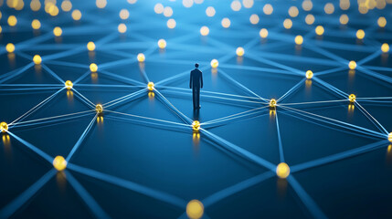 Lone figure stands amidst vast network of interconnected glowing nodes, symbolizing connectivity and technology. scene evokes sense of innovation and digital exploration