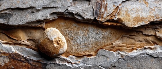 geology fossil strata concept. Rocky surface with textured layers and a prominent stone feature.