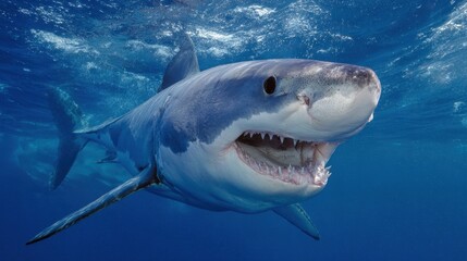 Naklejka premium Majestic Great White Shark Swimming in Clear Blue Ocean Waters with Vibrant Sunlight Illuminating Its Powerful Body