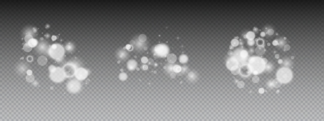 Transparent bokeh glow set with abstract lights and circles. Soft specks form luminous clusters with white shimmer. Vector blur for optical lens flare overlays. Template for lighting effects. © YEVHENIIA
