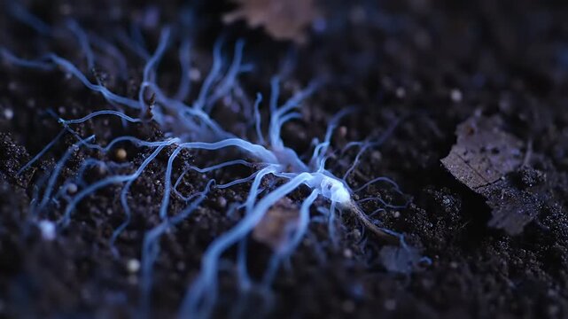 Close-up of Delicate Glowing Mycelial Network or Plant Roots Spreading in Dark Rich Soil