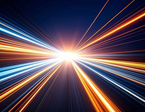 Dynamic night road scene with blue and orange light trails long exposure effect vanishing point dark sky and motion blur for futuristic transportation and lifestyle visuals