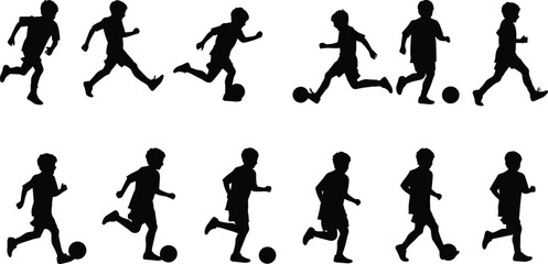 Silhouettes of boys playing soccer, kids kicking ball, active children, outdoor sports, youth football game, running kids, healthy lifestyle, team play