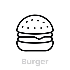Burger icon , a simple line drawing of a classic fast food item with layers of bun, patty, and cheese, perfect for a quick meal