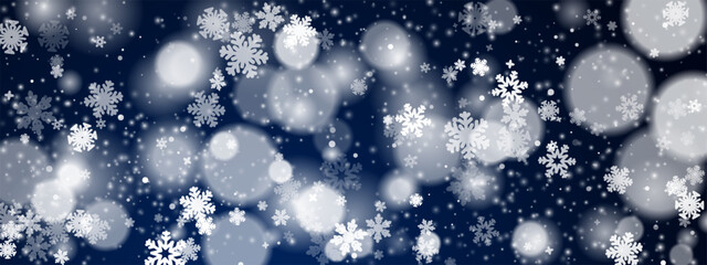 Magical winter background with transparent effect, sparkling snowflakes, and glowing bokeh lights. Snowfall on a deep blue backdrop. Vector pattern  for festive, Christmas, and New Year designs.