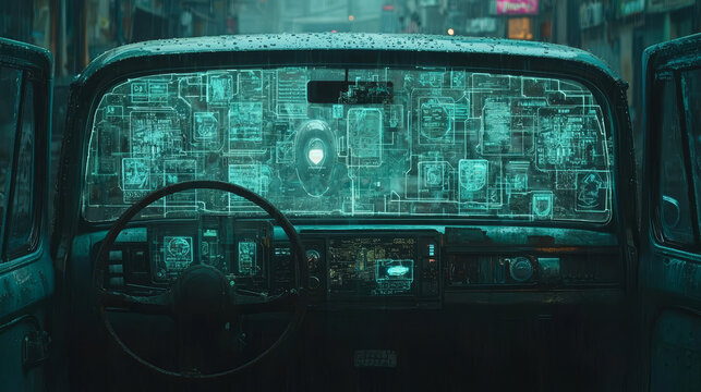 Futuristic car dashboard displays complex, layered digital interface with holographic elements, set against rainy cityscape. scene evokes sense of advanced technology and cyberpunk aesthetics