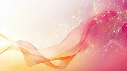 Vibrant abstract background features flowing pink and orange waves with network of white lines and glowing dots, creating dynamic and energetic atmosphere