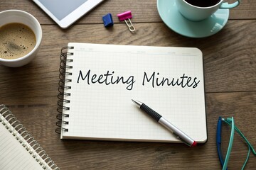 Meeting Minutes Notepad on a Wooden Desk with Coffee, Stationery, and Background Office Elements