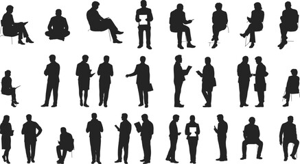 Silhouettes of business people standing, sitting, reading, discussing, holding documents, talking, professional teamwork, office meeting, corporate communication, leadership