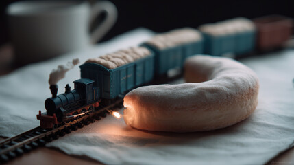 Miniature train toy locomotive blue freight car steam engine donut powdered sugar white cloth cozy light warm tone shallow depth of field. Miniature train circles donut like tunnel, steam engine