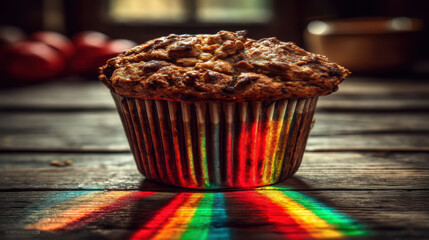 Rustic muffin rainbow light dessert pastry bakery wooden table morning cozy window natural light emotion