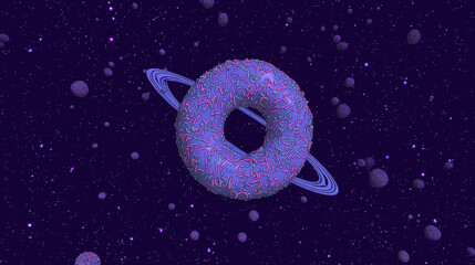 Surreal donut planet purple icing candy sprinkles ring space galaxy cosmic fantasy whimsical night sky drifting calmly in deep space with playful wonder and dreamy charm
