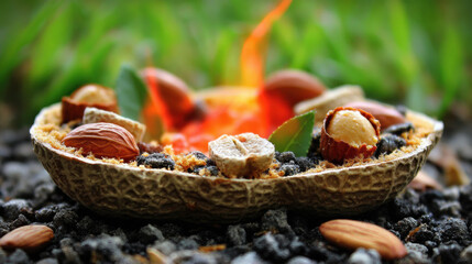 Miniature campfire peanut shell tiny fire nuts almonds hazelnut micro diorama whimsical fantasy storybook