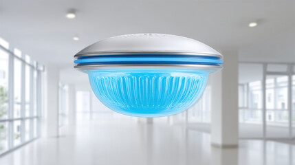 Futuristic magnetic levitating turntable with blue translucent dome and white metallic top in minimal sterile showroom, modern design, clean lighting, serene mood