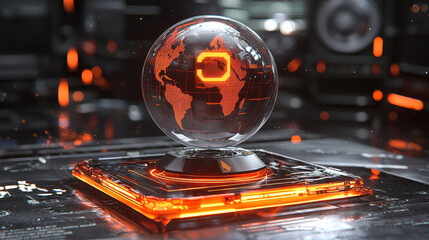 Futuristic digital globe displays real time aircraft flight tracking with glowing orange and black elements, creating high tech atmosphere. holographic interface suggests advanced technology