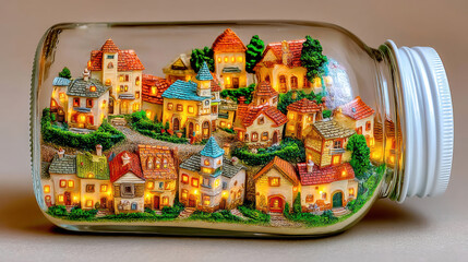 Miniature village glass jar warm light tiny houses handcrafted detail cozy charm fairy tale scene diorama style whimsical scale magical realism vibe in serene composition with gentle wonder