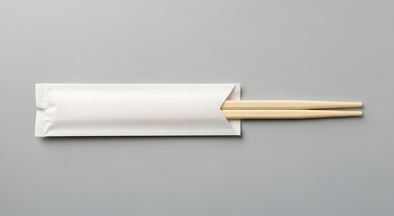Ultra realistic mockup of chopsticks partially exposed from a simple paper sleeve on a clean surface with soft studio shadows