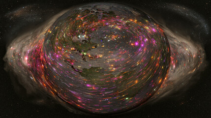 Digital representation of global communication networks is depicted with vibrant, swirling lights across globe, set against starry space background. image conveys sense of connectivity
