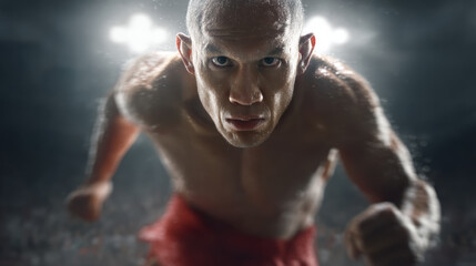 Bald male mixed martial arts fighter with intense stare and sweat flying during action shot in arena