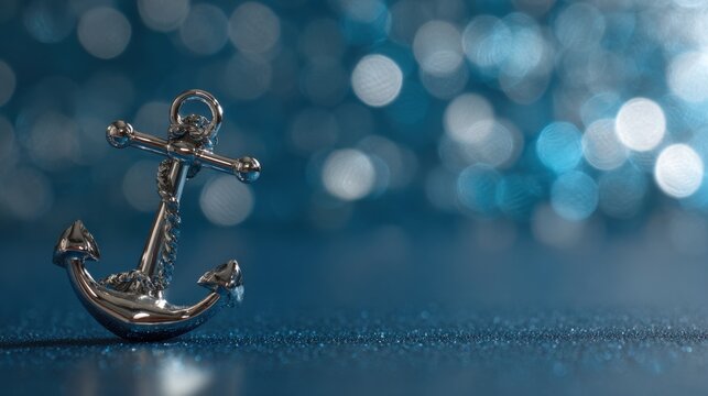 Shiny silver anchor charm on a vibrant blue background with bokeh effect for nautical and marine themed designs