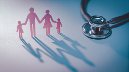 Paper cut family with stethoscope shadow symbolizing health monitoring, family medical care, diagnosis, and patient-centered protection.