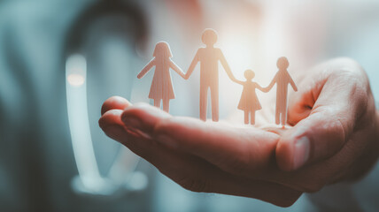 Healthcare and family insurance concept with paper cut family in doctor hand, symbolizing protection, support and medical services for parents and children.