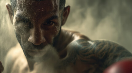 Intense male fighter sweaty face with water droplets and tattooed shoulder in action, dramatic low light and motion blur conveying grit and determination