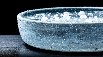 Extreme macro wet glass rim with droplets and rim light creating high contrast organic texture and editorial mood, fine details of water beads and surface texture evoke cool serenity