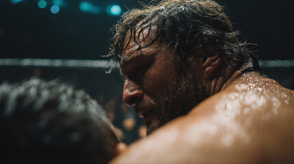 Sweaty fighter mixed martial art cage fight combat sport action athlete male muscular beard closeup