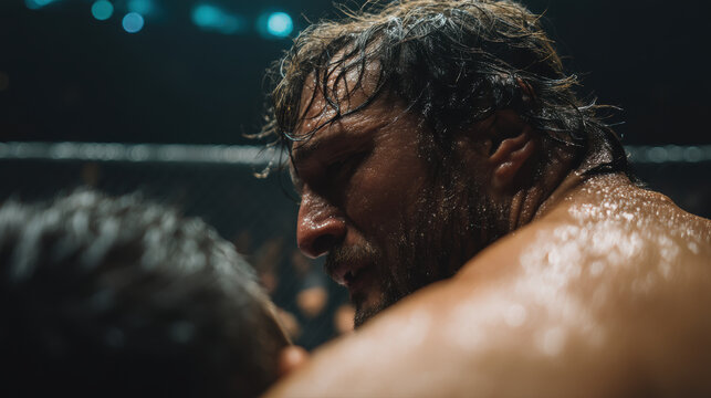Sweaty fighter mixed martial art cage fight combat sport action athlete male muscular beard closeup