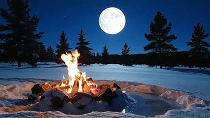 Serene winter night campfire burns brightly under a full moon with snow falling gently - Powered by Adobe