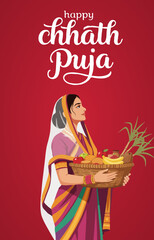 Happy Chhath Puja Festival Indian Woman Ritual Prasad Saree Spiritual Offering Fruits Riverbank 
