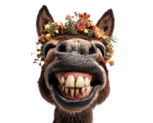 Donkey flower crown buck teeth animal portrait closeup smiling humorous nature mammal spring joyful isolated cheerful quirky detailed brown fur large teeth floral expressive funny outdoors happy
