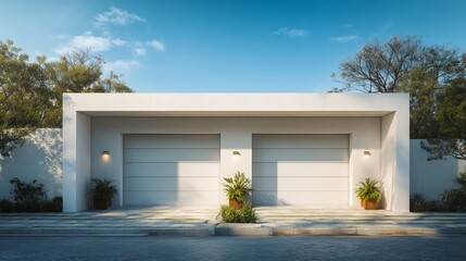 New suburban building design with a white house exterior and a clean blue sky above the roof and garden