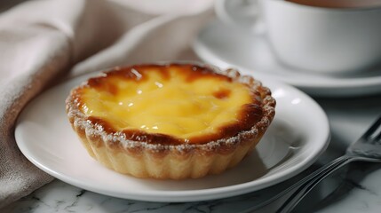 A golden egg tart pastry with a creamy yellow filling sits on a white plate served with tea