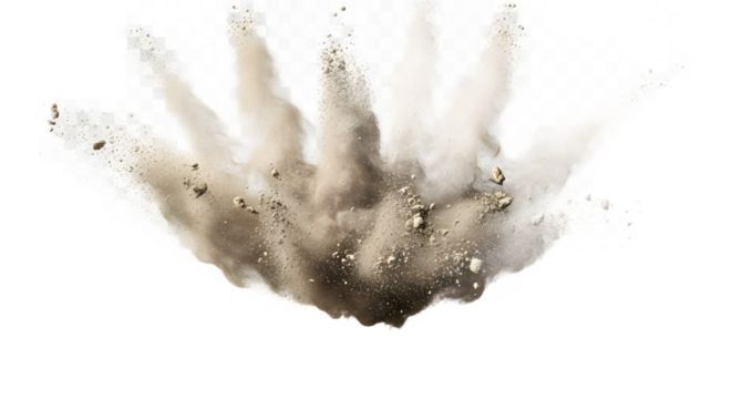 Dynamic burst of fine earthy powder and clay dust captured mid-explosion, with particles frozen in motion against a clean isolated background
