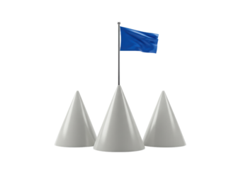 Isolated blue flag on top of gray cones creates a sense of achievement and success