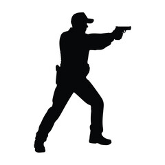 Silhouette of a person aiming a handgun in a defensive stance
