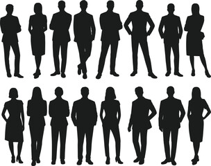 Silhouettes of diverse business people standing confidently, corporate team, professional leadership, teamwork concept, office workers, modern business, success, formal attire, teamwork