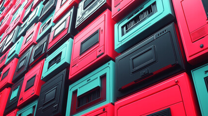 Colorful retro futurism pattern featuring stacked cassette like shapes in red, teal, and black, creating vibrant and dynamic visual effect. design evokes nostalgia and modernity