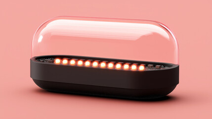 Sleek, modern electronic device with transparent dome and glowing lights on pink background, showcasing minimalist design