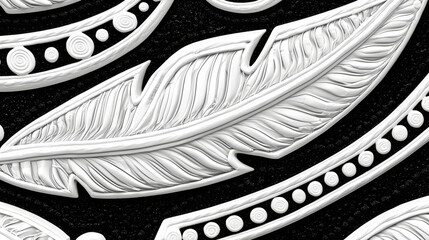 Intricate white feather patterns with tribal designs on textured black background create striking contrast. detailed carvings and swirling motifs add depth and elegance