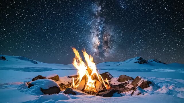 Scenic campfire flickering against snowy landscape and milky way time lapse video