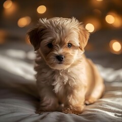 Adorable Fluffy Puppy Sitting Indoors with Warm Bokeh Lights